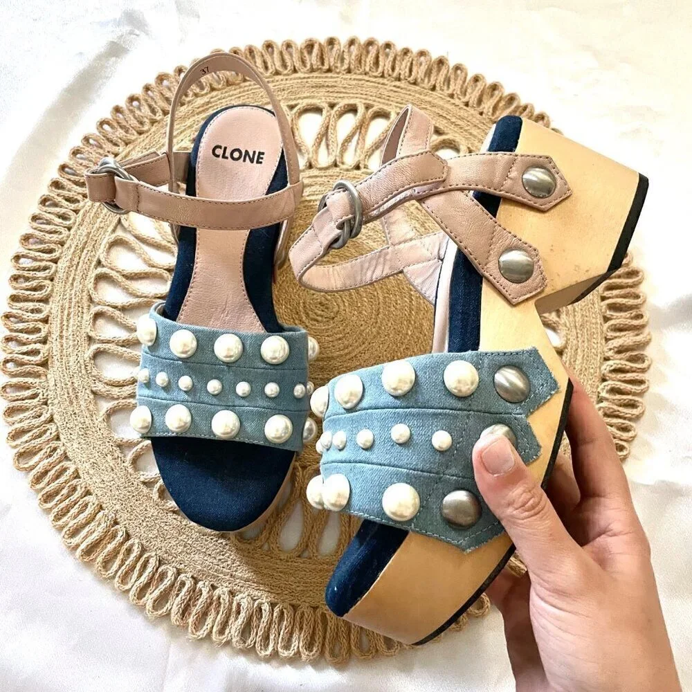 CLONE Pink-Pearl Detail Blue Denim Wooden Clog Sandals Women’s EU 37 NWOT